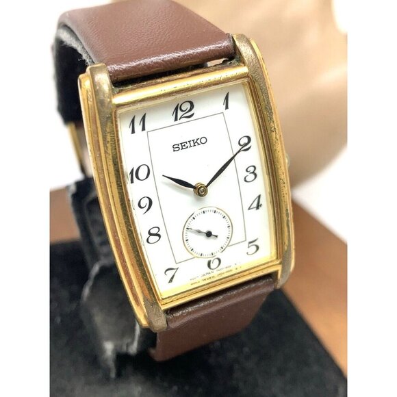 Seiko Men's Watch 7N07-5019 Tank Vintage Quartz White Dial Gold Brown Leather - Picture 12 of 13